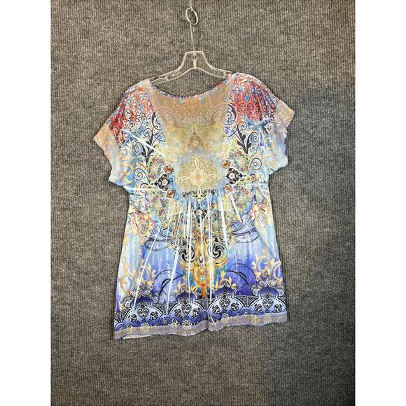 Unity Womens Boho Blouse Size XL Beaded Mesh Multi Color Artsy Short Sleeve - Picture 2 of 10